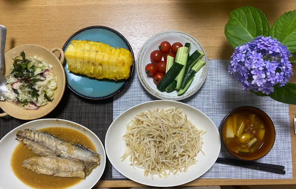 プラス糀無添加糀美人で鯖の味噌煮🐟、もやしナムル🧄、タコのマリネ🐙、祖父のきゅうり🥒、パプリカとねぎとほうれん草の味噌汁、パイン🍍|1614さん