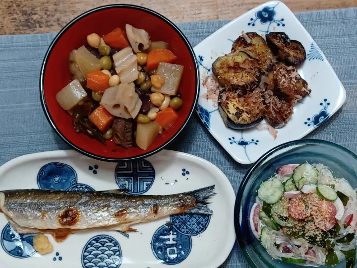 カマスの塩焼き、五目豆、烏賊春雨、茄子のおかかポン酢炒め|ぱいんてーるさん