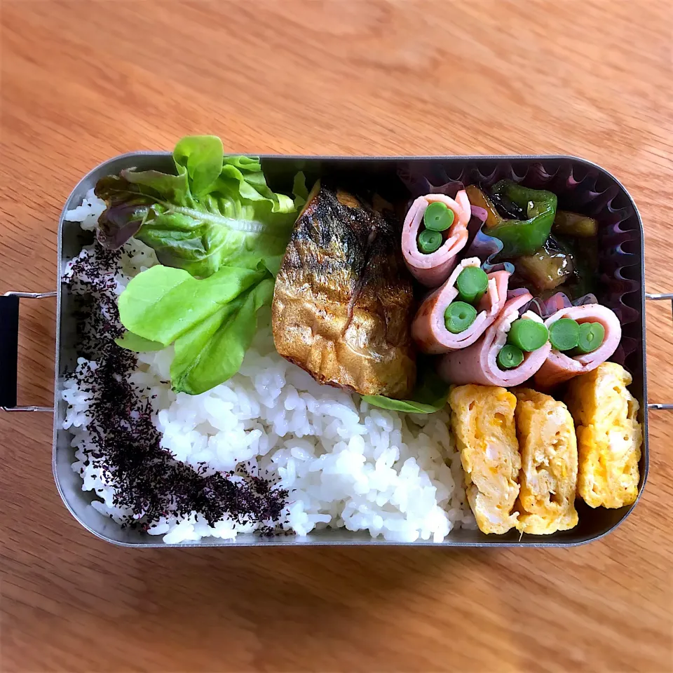 サラ弁　　　　　　　　　　　　　　　　　　塩サバ　インゲン豆のハム巻きソテー　茄子とピーマンの炒め煮　卵焼き|じゅんさんさん