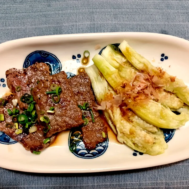 牛もも肉焼いたのとレンチン皮むき茄子のつゆポンかけ|ぱいんてーるさん