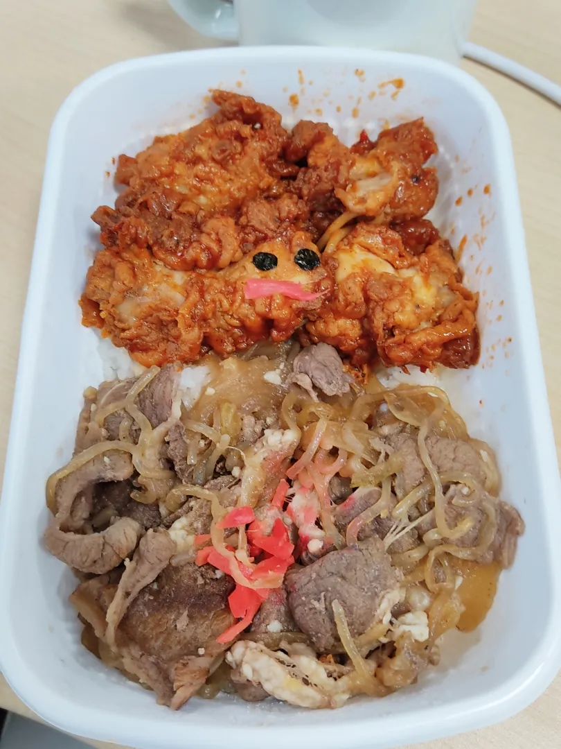 唐揚げ牛丼弁当 350円

半分鶏肉、半分牛肉、肉ばっかし。
野菜は、玉ねぎ少々、紅ショウガほんの少しだけ。
がっつり系のお弁当なのです。|Rピージャーさん