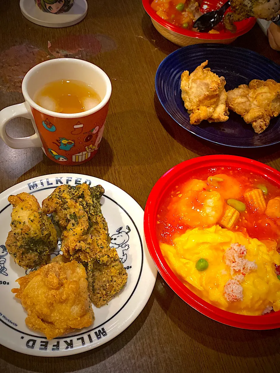 鶏唐揚げ　青海苔　塩　海老チリ&天津丼　五穀アイスティー|ch＊K*∀o(^^*)♪さん