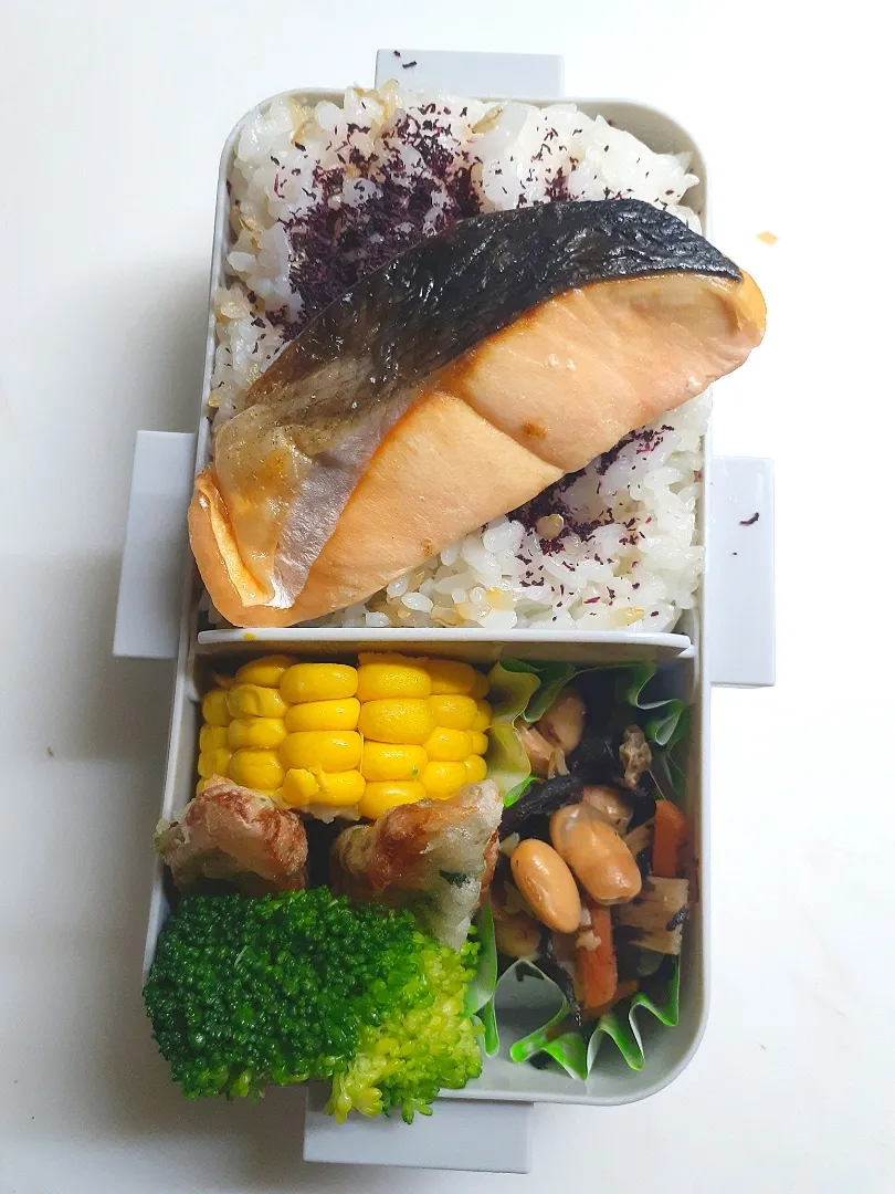 Snapdishの料理写真:☆中学生弁当☆玄米入りゆかりごはん、鮭、ひじき煮物、とうもろこし、ブロッコリー、竹輪磯揚げ|ｼｮｺﾗさん