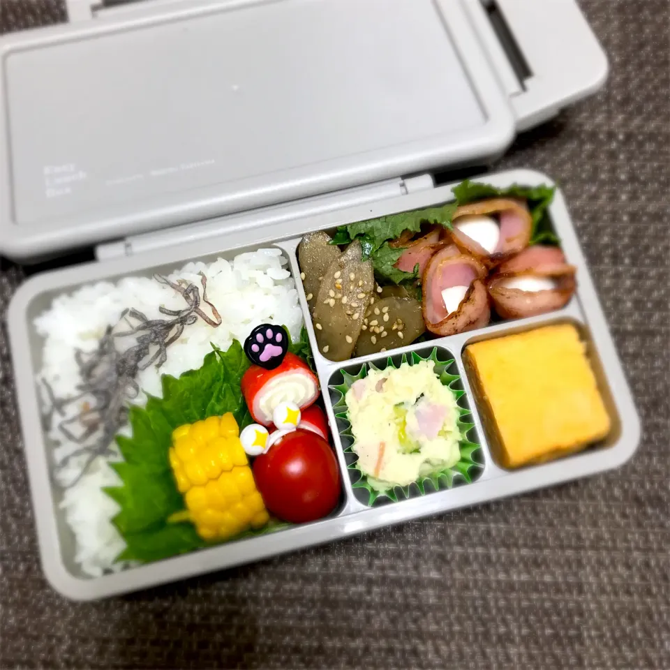 SJK弁当🍱〜うずらベーコン・玉子焼き・ポテトサラダ・きんぴらごぼう・カニカマチーズ・とうもろこし🌽|華恋さん