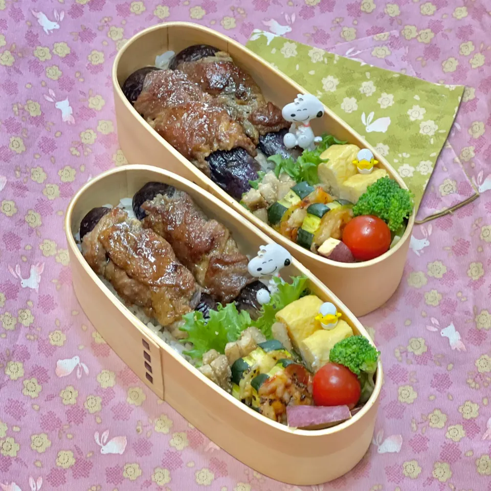 Snapdishの料理写真:ナスの豚肉巻き照り焼き☘️の双子ちゃんお弁当💙❤️ 6/17金|sweet homeさん