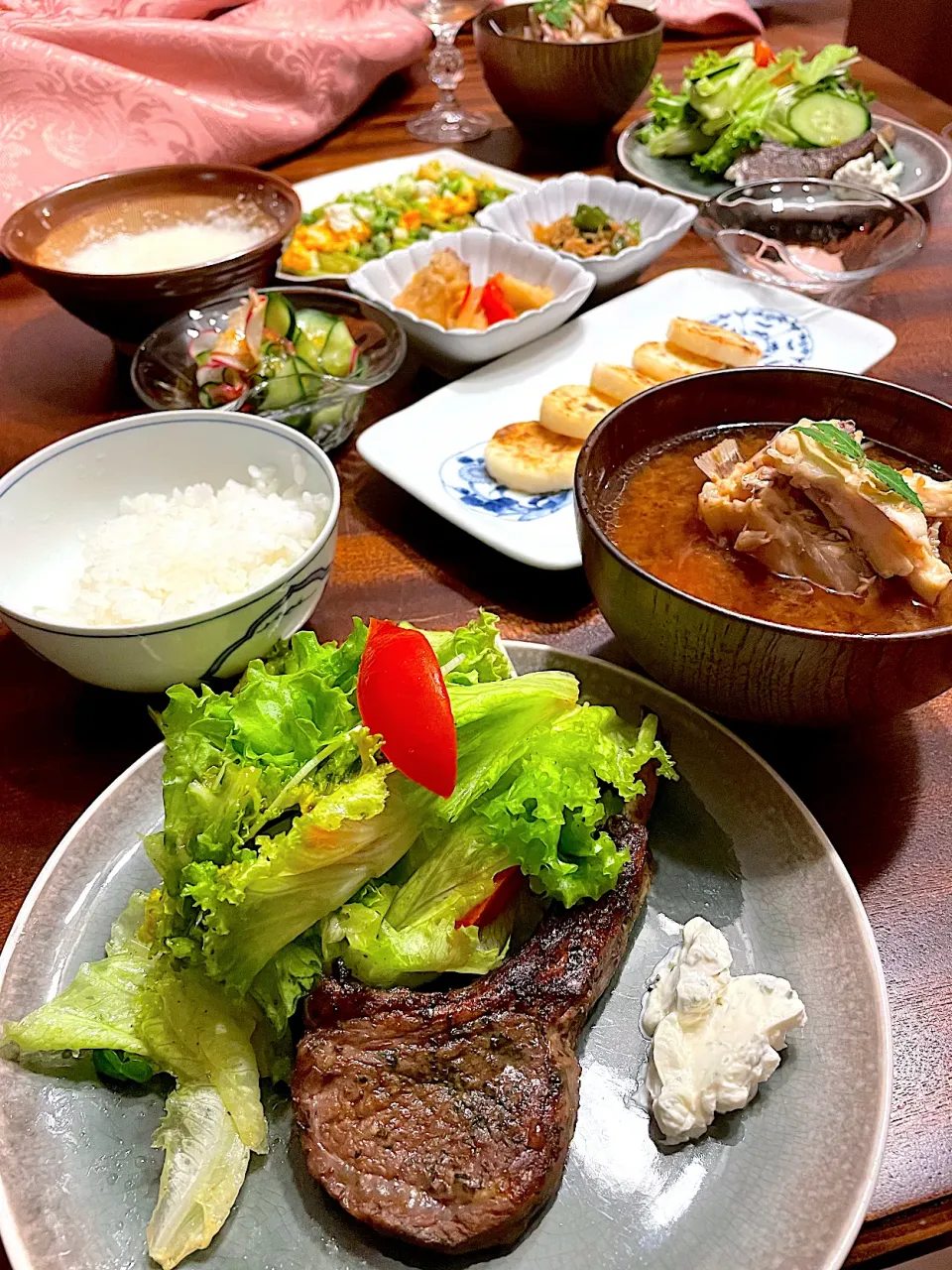 Snapdishの料理写真:ラムラック/鯛のあら汁/山芋ソテー/とろろ/アスパラソテーのスクランブルエッグと豆とフェタチーズがけ|カピバラおやじさん