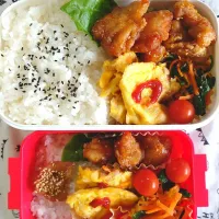 鶏もも揚げて酢醤油絡める（美味しかった😄）オムレツ（中身豚ひきﾆﾝｼﾞﾝたまねぎﾏｼﾞｯｸｿﾙﾄ炒）ナムル