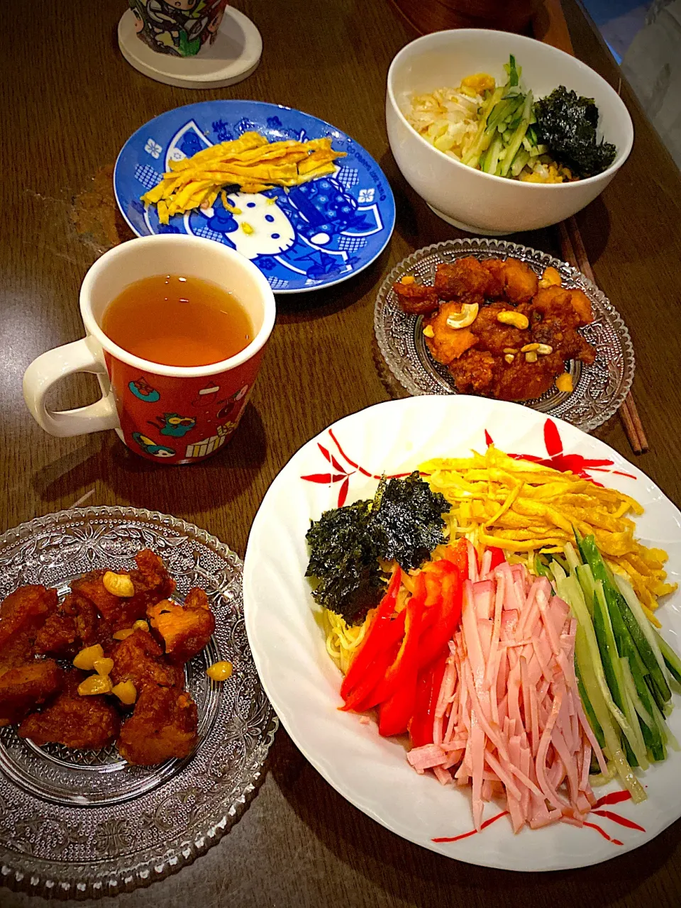 冷やし中華　冷やしぶっかけうどん　ヤンニョムチキン　五穀アイスティー|ch＊K*∀o(^^*)♪さん