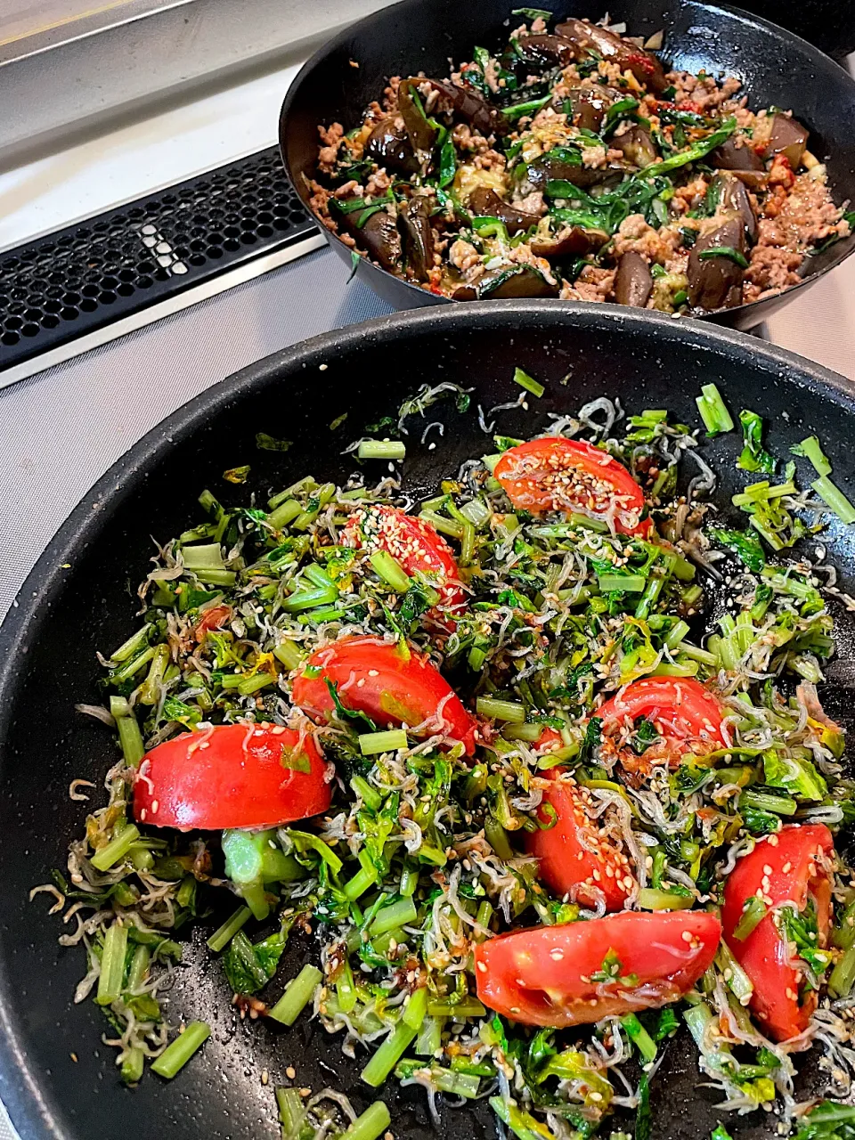 ちりめんと大根葉とトマトの麺つゆ炒め、麻婆茄子|ＭＡＲＵＥ家の食卓さん