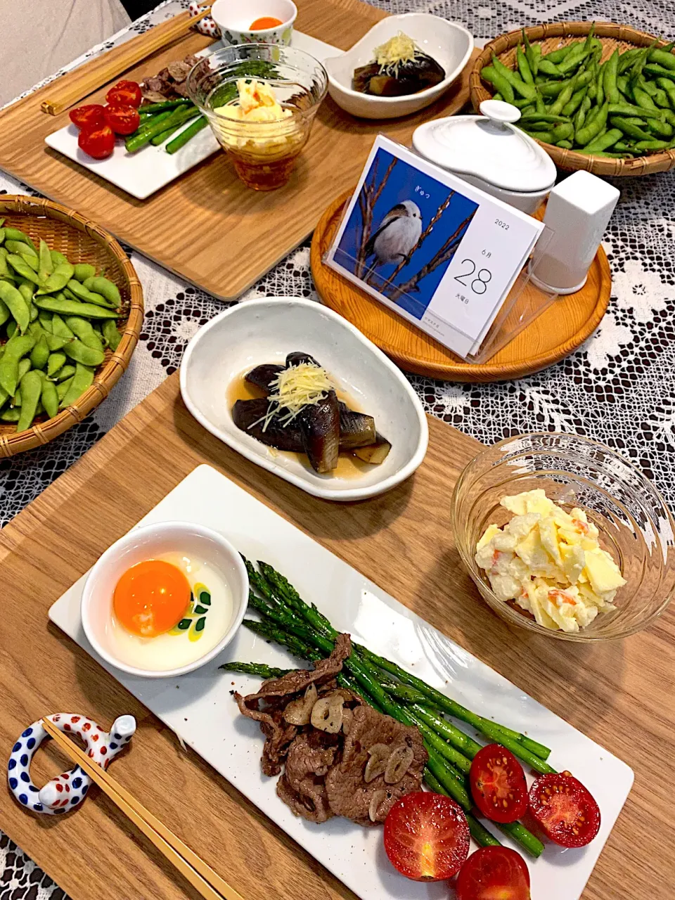 アスパラと牛肉ソテー、茄子の煮浸し|papinさん