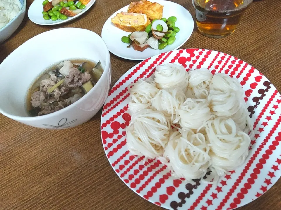 ナスと豚肉のつけ麺風そうめん
明太卵焼き
枝豆とちくわの塩昆布和え|尚さん