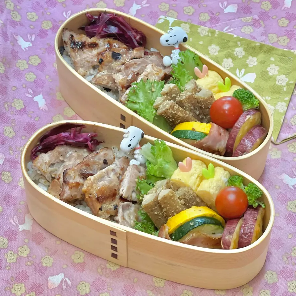 豚こま味噌漬けグリル☘️の双子ちゃんお弁当💙❤️ 6/27月|sweet homeさん