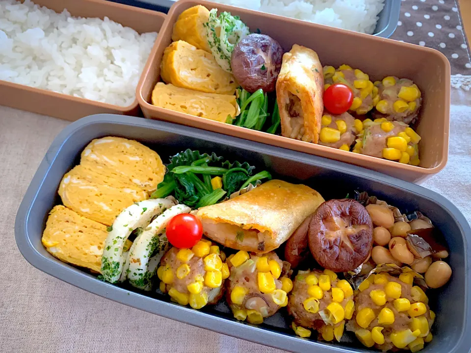 コーン焼売🌽卵焼き🥚春巻き😆蓮根ソテー  ✨ほうれん草お浸し😊五目豆✨椎茸ソテー  🍄🍅🍚|あやこさん