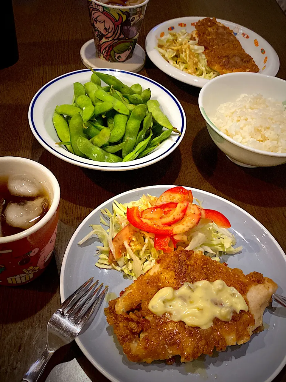 ジーパイ鶏唐揚げ　ピクルスマヨネーズ　サラダ　胡麻味噌だれ　茹で枝豆　麦茶|ch＊K*∀o(^^*)♪さん