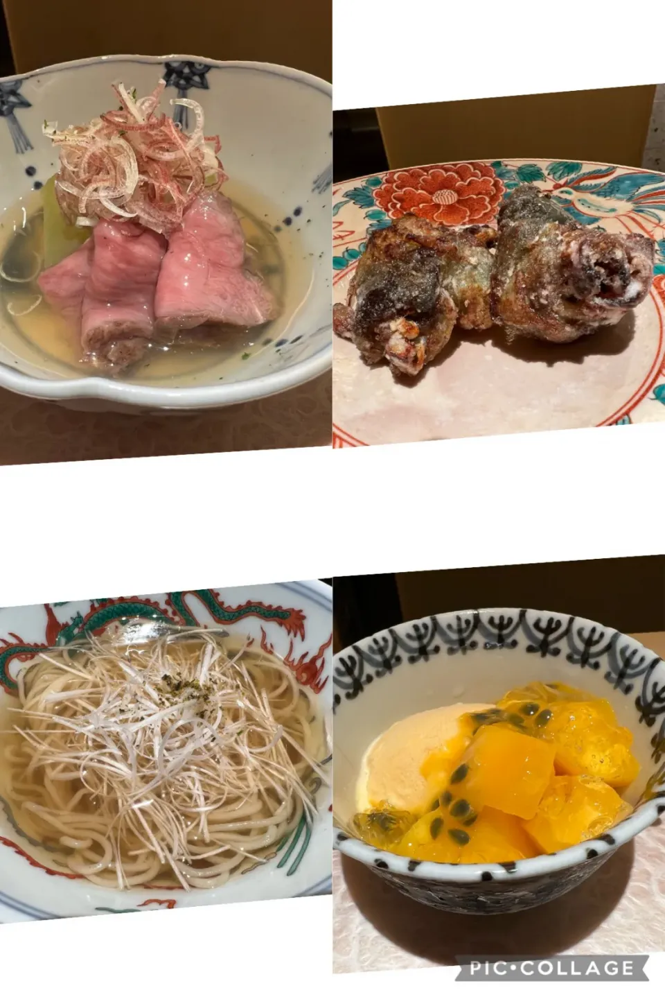 Snapdishの料理写真:三田　晴山　はなれにて。佐賀牛、スッポン、スッポン出汁のラーメン、宮崎マンゴーと和三盆アイスのデザート。美味しくいただきました。|sniper66さん