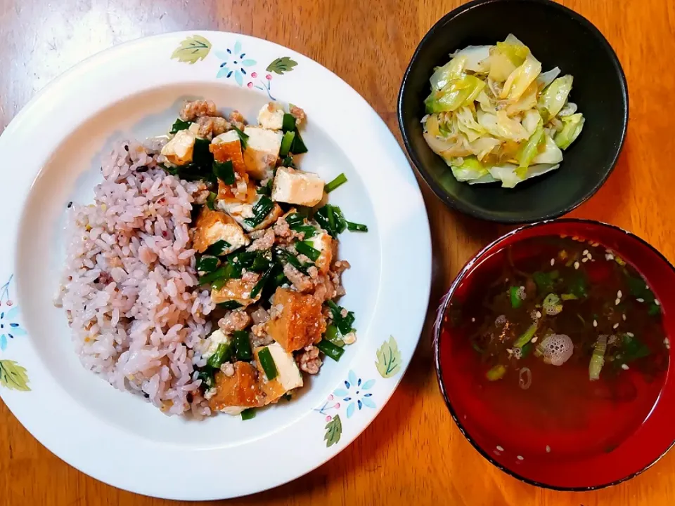 2022 0629　厚揚げ麻婆豆腐　キャベツとじゃこ炒め　もずくスープ|いもこ。さん