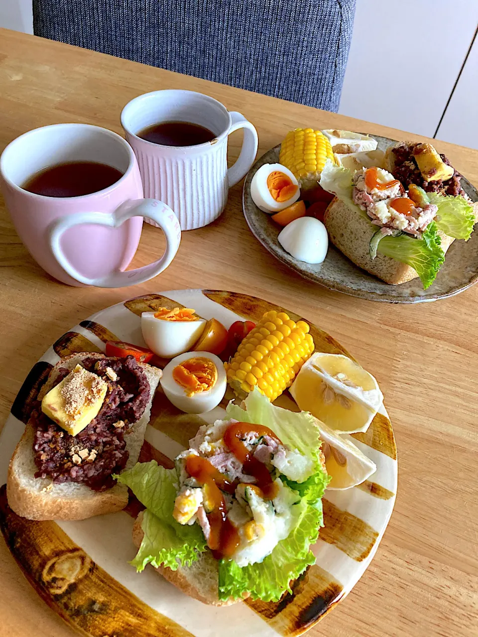 朝ごはんプレート♡トウモロコシ茹でたあと赤穂の塩の塩水にくぐらせて🌽味付け。|さくたえさん