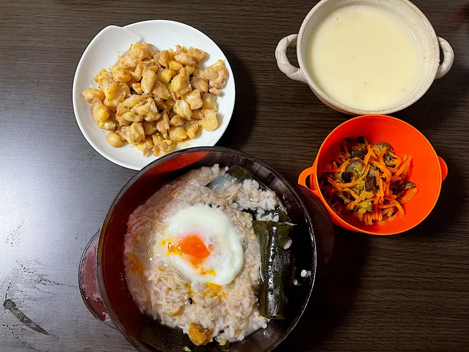 鳥軟骨の塩焼き、茄子とにんじんのきんぴら、冷製ポタージュ、雑炊|aaaさん