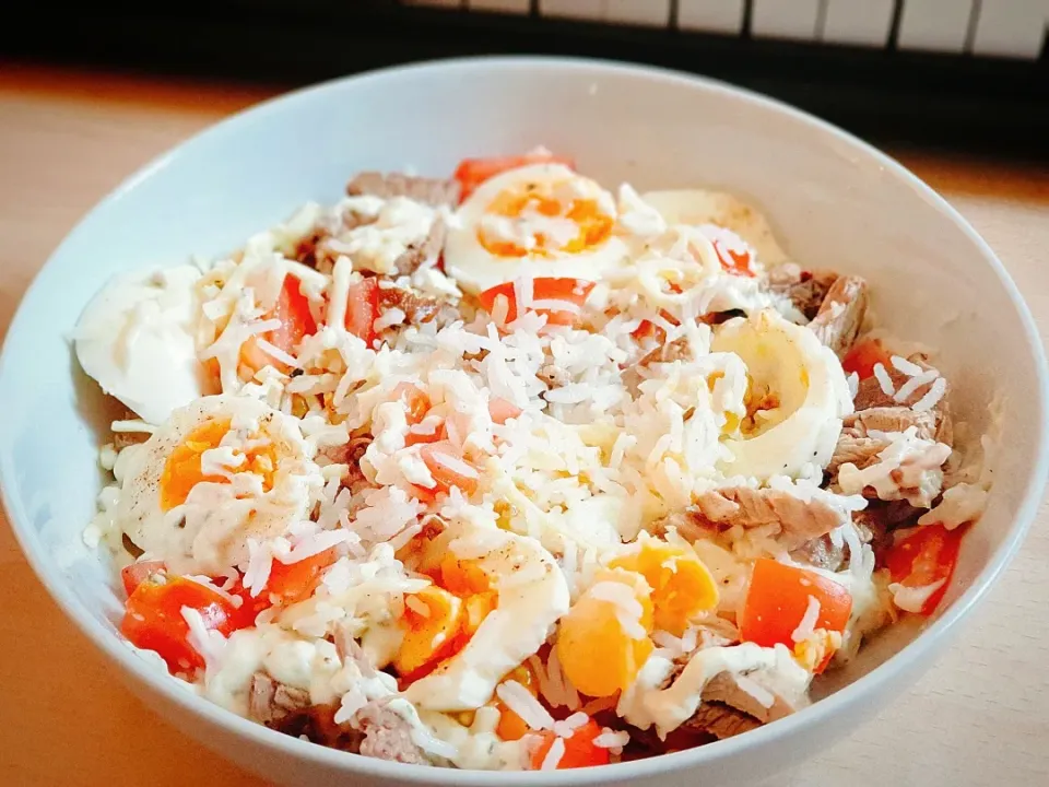 Turkey joint (diced) with cooked eggs, white rice, tomatoes and garlic sauce.|Aldin Alicさん