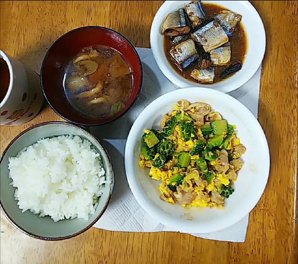 Snapdishの料理写真:ゴーヤチャンプルー
赤だし味噌汁
サンマ
の昼御飯

今日のゴーヤは良くできてた🎵|城山の山ちゃんさん