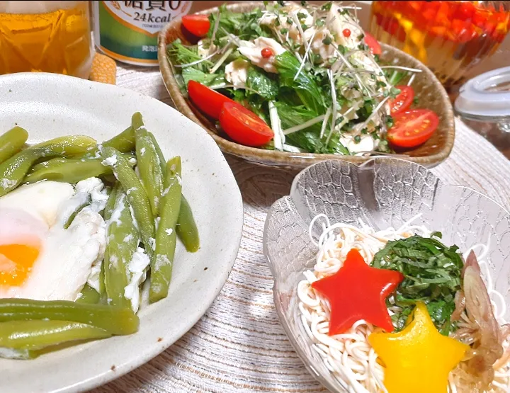 鶏ささ身のコンフィのサラダ🌿

いんげん豆の卵落とし

豆腐ソーメン🎋バージョン|びせんさん