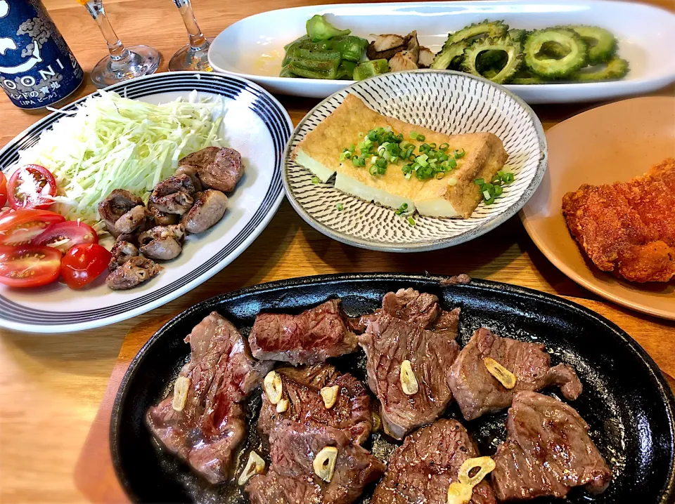 牛サガリで焼肉　鶏ハツの塩焼き　厚揚げ焼き|じゅんさんさん