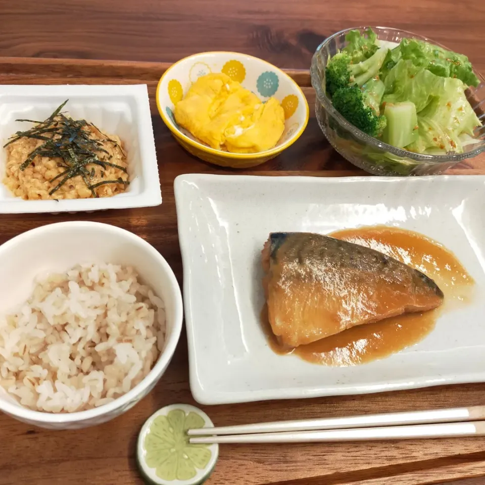 鯖の味噌煮
だし巻き卵
納豆
サラダ
もち麦ごはん|うりさん