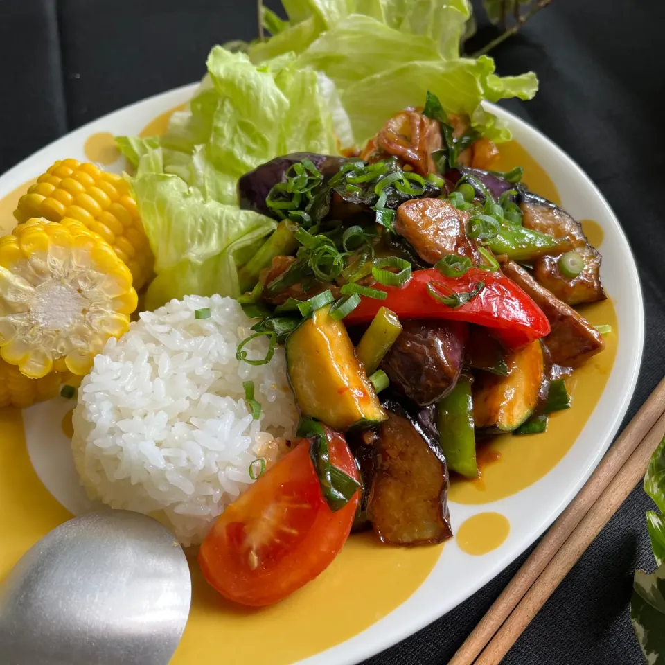 Snapdishの料理写真:🍆🫑ガッツリ食べたい❣️夏の勝ち飯　夏野菜麻婆🌻|Hollyさん