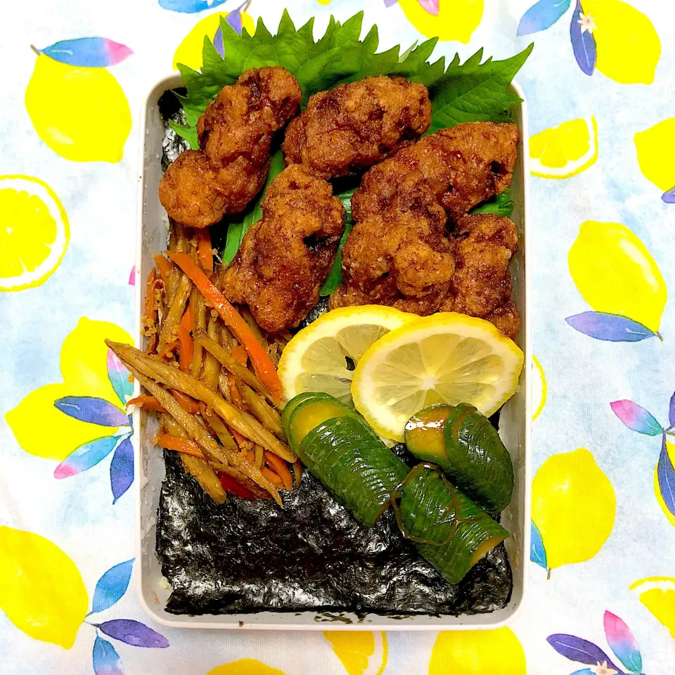 #vegan 
大豆ミートの唐揚げのり弁当|makiko_aさん