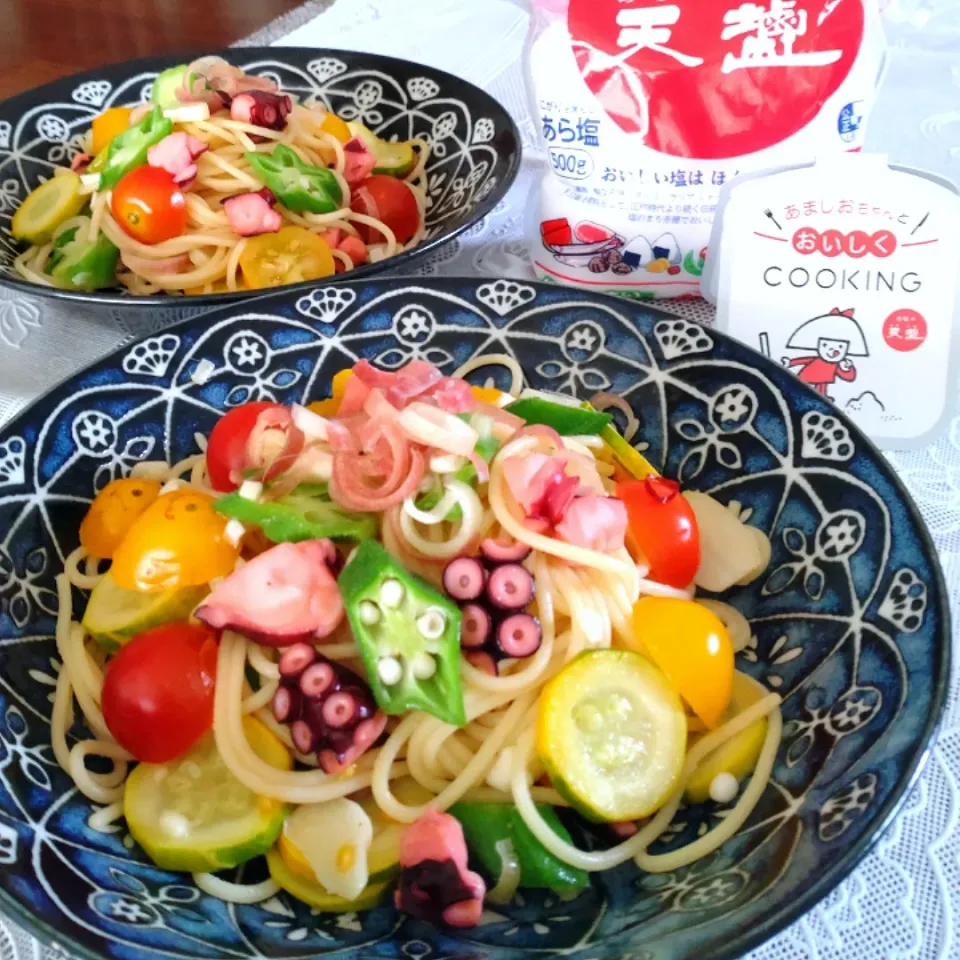 たことみょうが、夏野菜たっぷりペペロンチーノ|cherry🍒さん