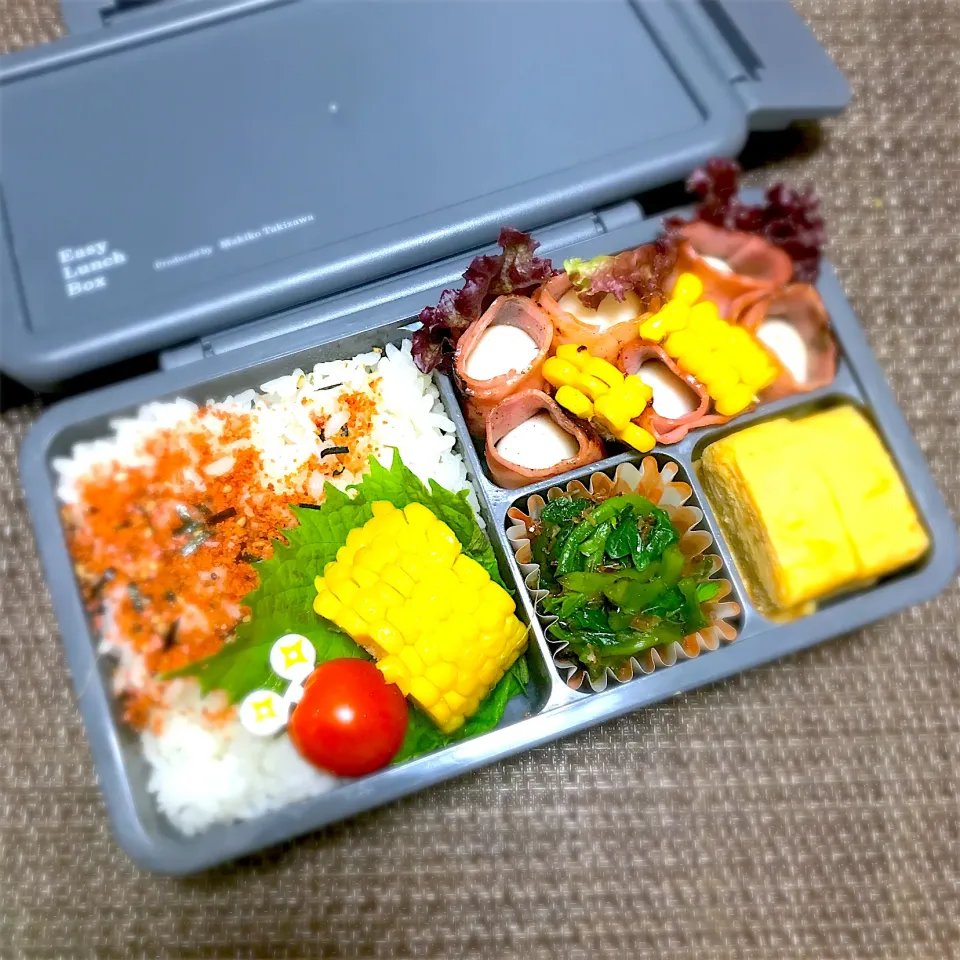 SJK弁当🍱〜うずらベーコン・玉子焼き・つるむらさきお浸し・とうもろこし|華恋さん