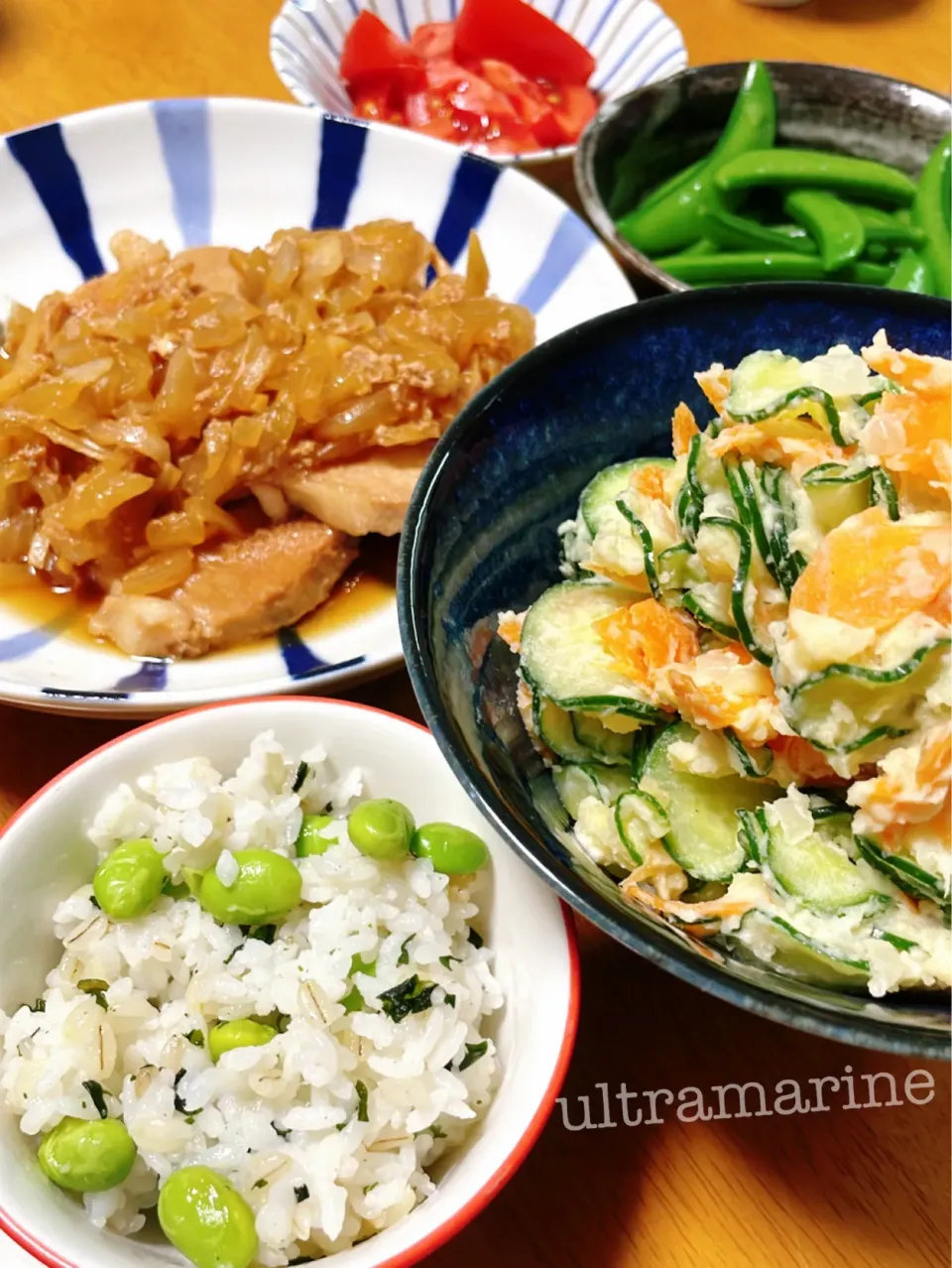 ＊具材野菜たっぷりポテサラ、枝豆ごはん、豚のしょうが焼き♪＊|ultramarineさん