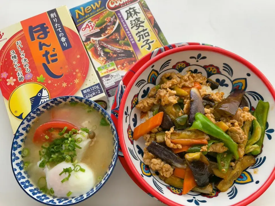 「勝ち飯®︎」スタミナ丼　麻婆茄子丼と長芋とトマトの温玉汁|sana.ayaさん