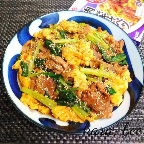 「「Cook Do® きょうの大皿®」肉みそキャベツ用」を使ってみたSnapdishの料理・レシピ写真:ご飯にかけて勝ち飯スタミナ丼♪豚肉と小松菜とふんわり卵のごま味噌炒め