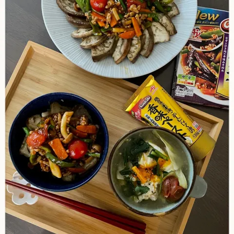 「「Cook Do®」麻婆茄子用」を使ってみたSnapdishの料理・レシピ写真:たっぷり野菜の麻婆茄子丼🍆と金のスタミナスープ