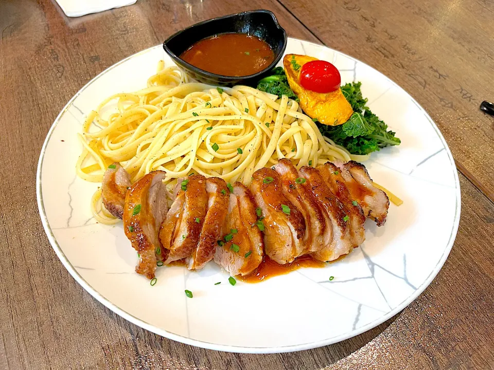 Pasta with Pan fried duck breast with foie gras sauce|skyblueさん