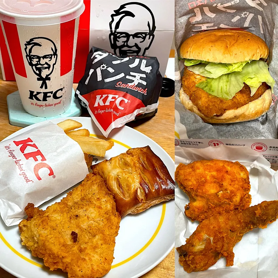 ケンタ　Wパンチサンドボックス🍟🍔🥤　トロピカルレモネードソーダ🥤　レッドホットチキン🍗🍗|るみおんさん