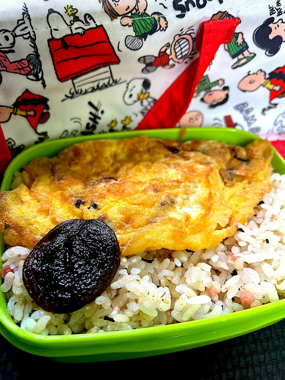 #昼飯　椎茸玉子焼きと椎茸乗せ梅炊き込みロウカット玄米たらこ混ぜご飯弁当|ms903さん