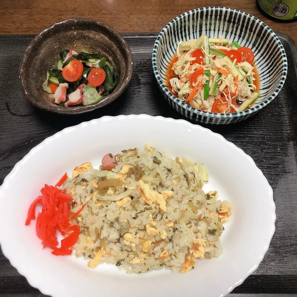 高菜炒飯&ワカメの酢のもの&ポン酢サラダ|まちゃさん