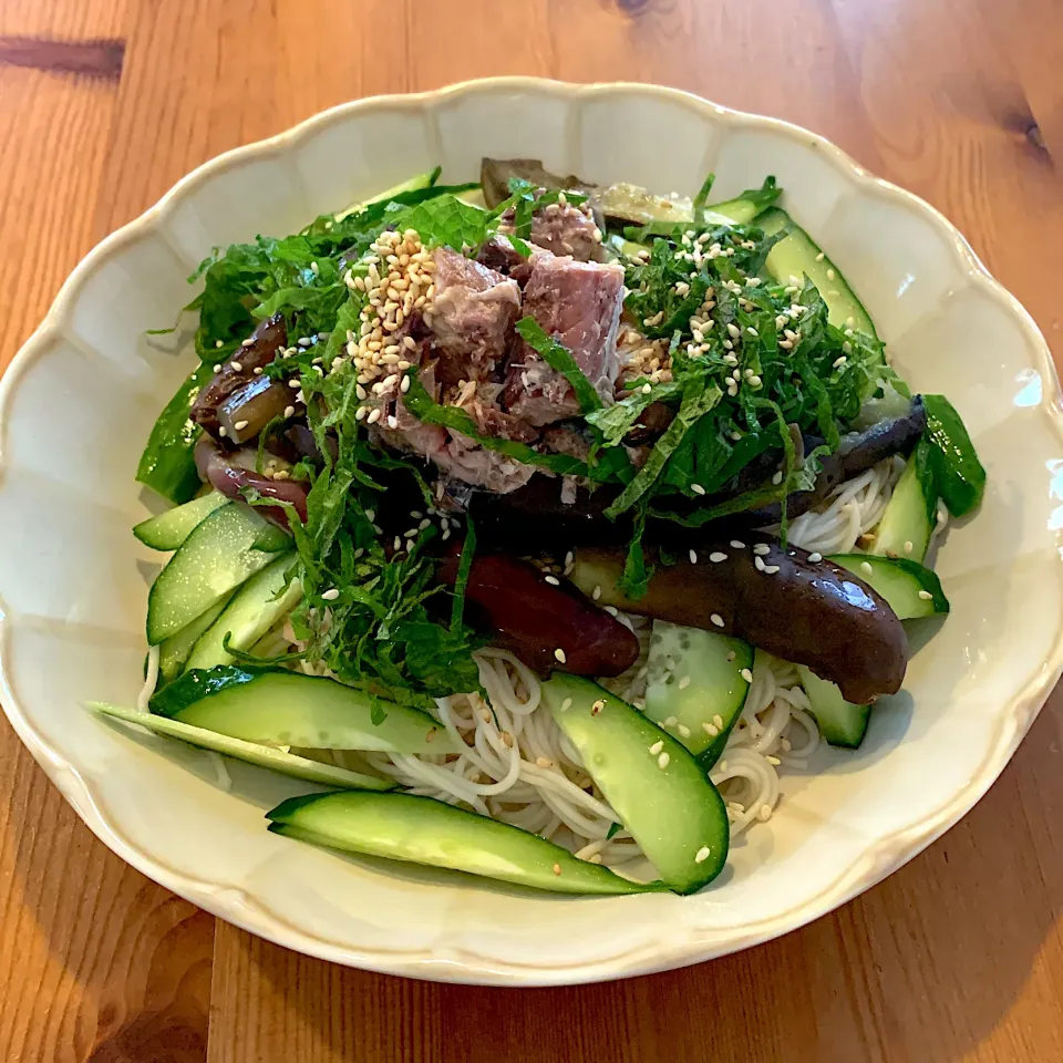 レンチン茄子と鯖缶のっけそうめん|mamaさん