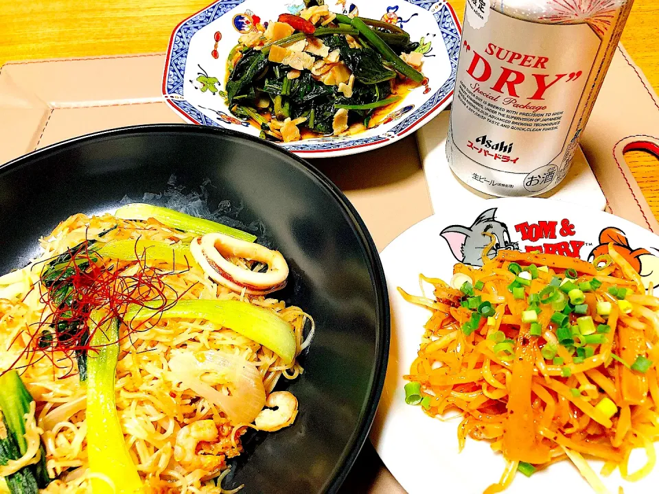 青梗菜とｼｰﾌｰﾄﾞMIXで素麺チャンプル
もやしとメンマの和えもの
えん菜とベーコンの炒めもの|naoさん