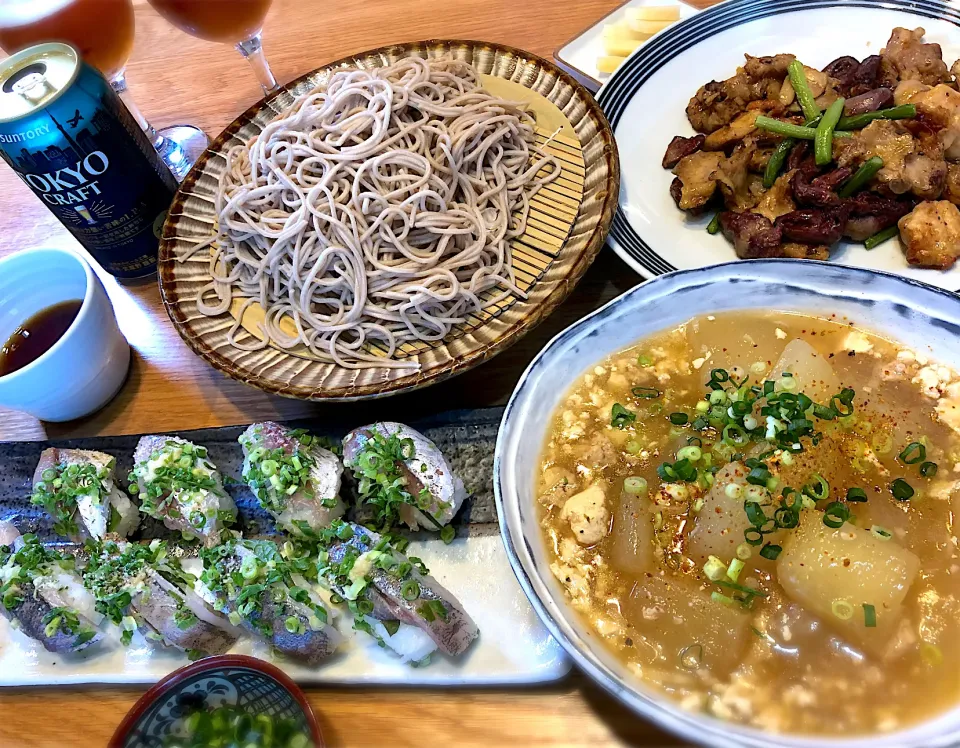 冬瓜の鶏と豆腐の餡掛け　鯵寿司　ざる蕎麦　色々焼き鳥|じゅんさんさん