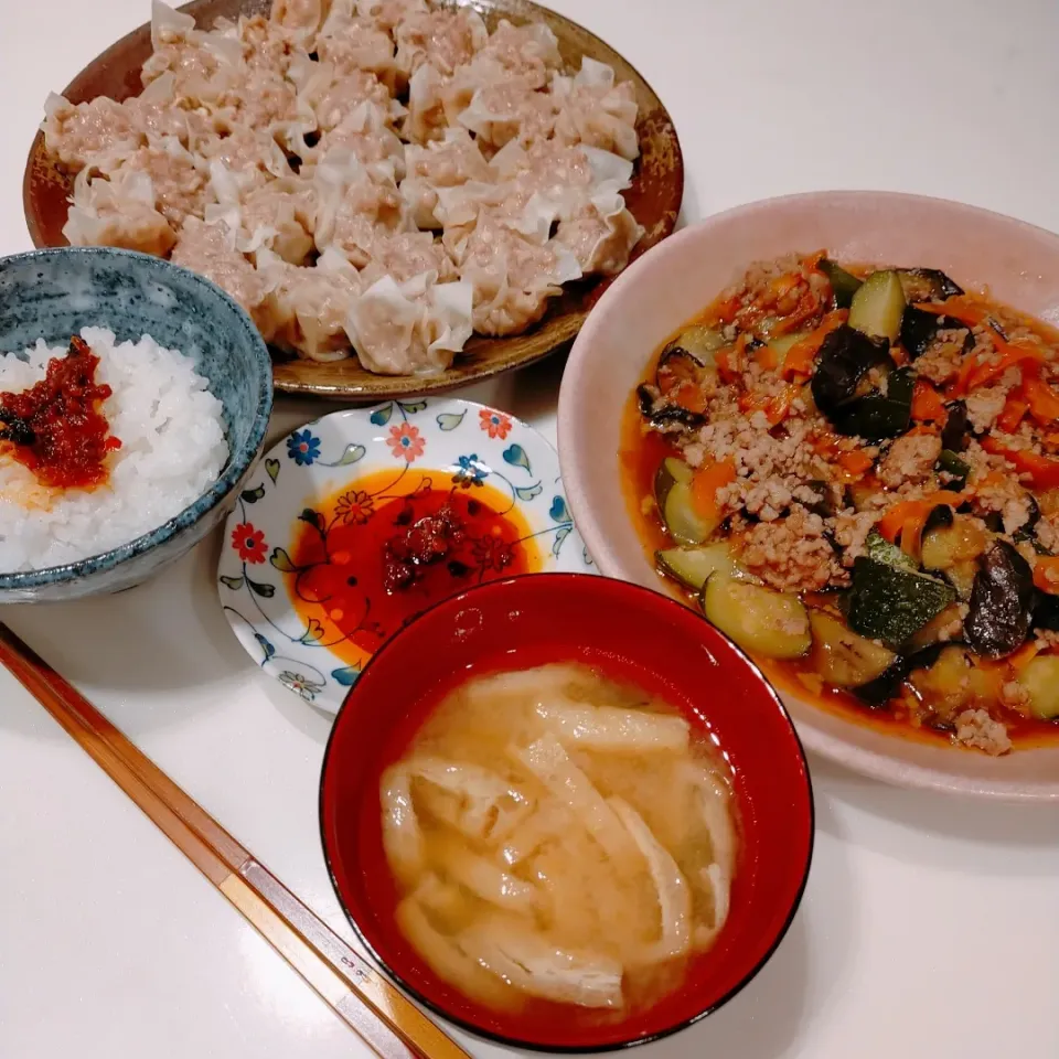 シュウマイ、麻婆茄子、味噌汁、ご飯|nikotan.syさん