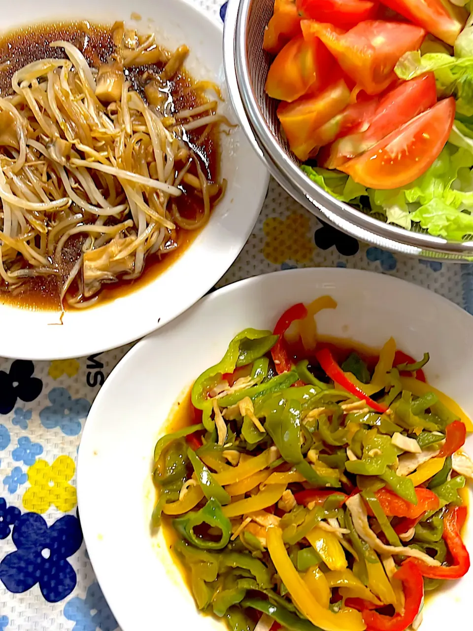 ピーマン🫑とパプリカのタレ焼き　もやしと舞茸のオイスターソース炒め　レタス🥬トマト🍅|4jinoanataさん