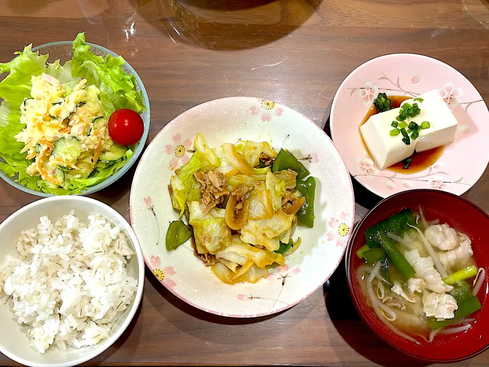 回鍋肉　豚バラもやしとニラの中華スープ　湯豆腐　ポテトサラダ|おさむん17さん