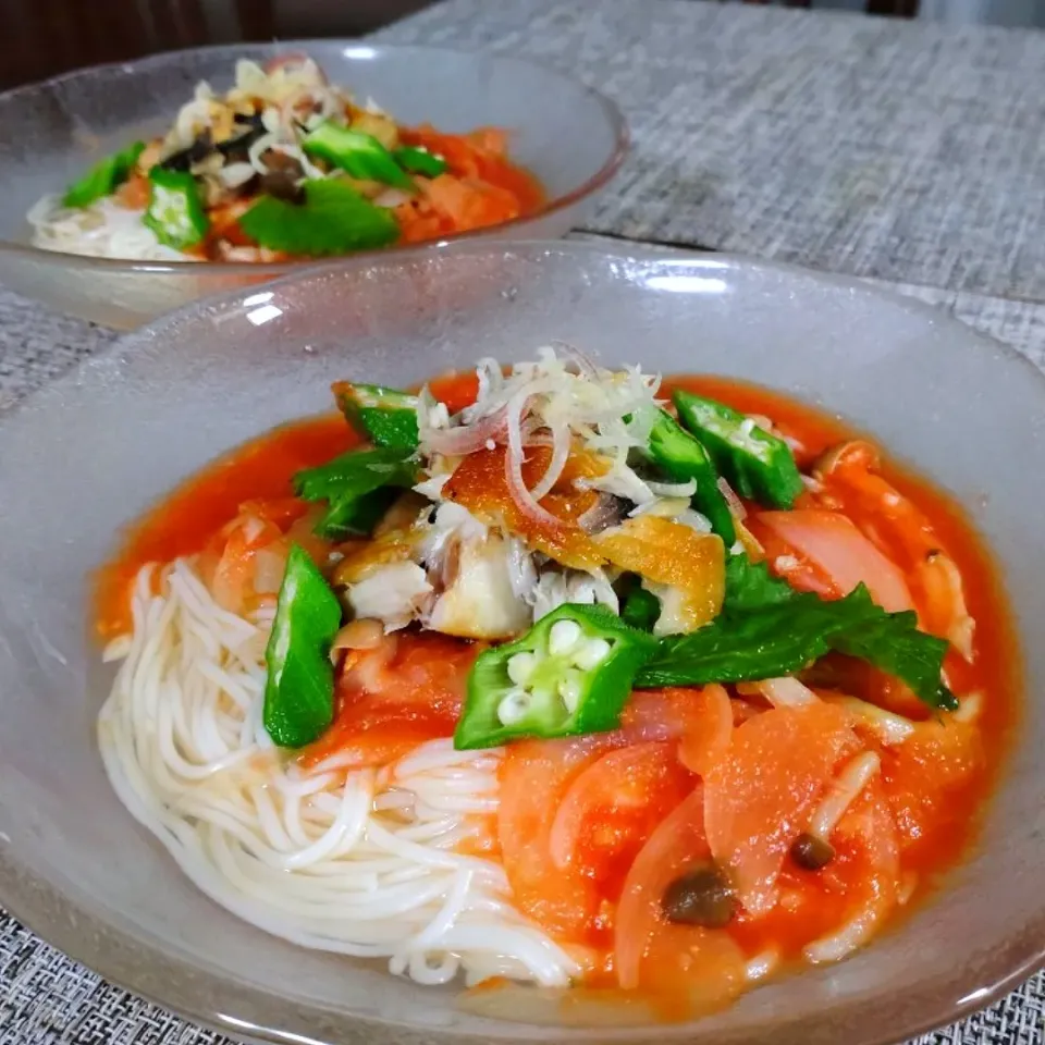 淡塩鯖のせトマトスープの素麺|cherry🍒さん