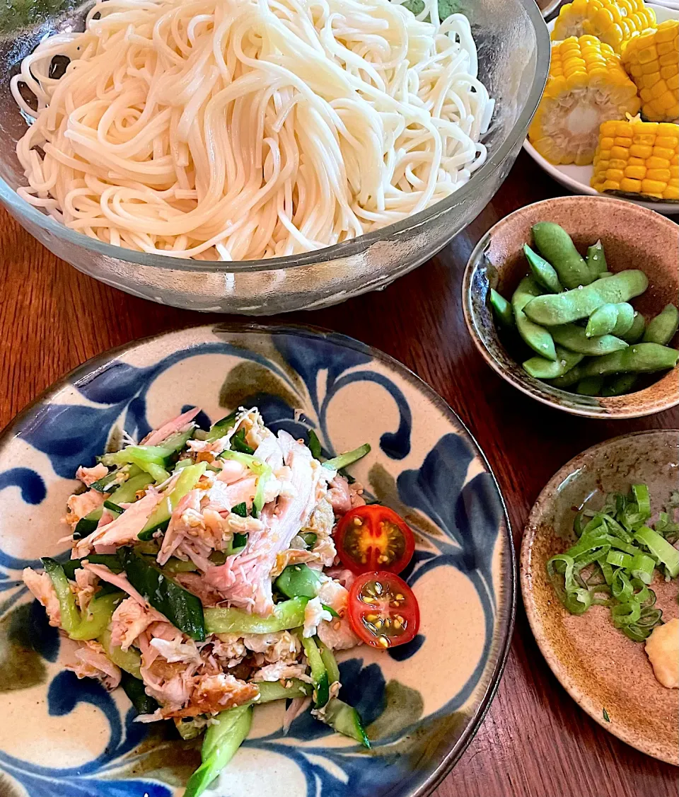 晩ごはん♯そうめん♯半田そうめん♯棒棒鶏♯枝豆|小松菜さん