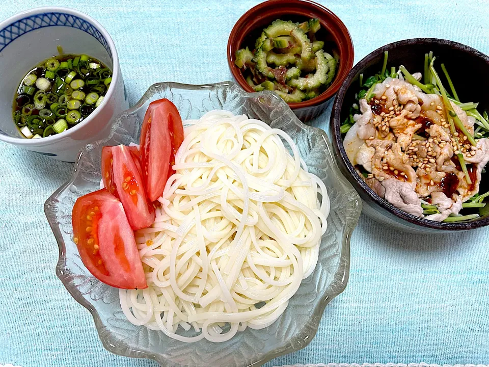 おかべの半田そうめん、豆苗と豚肉レンチンコチジャンソース、ゴーヤのおひたし|jackybeanさん