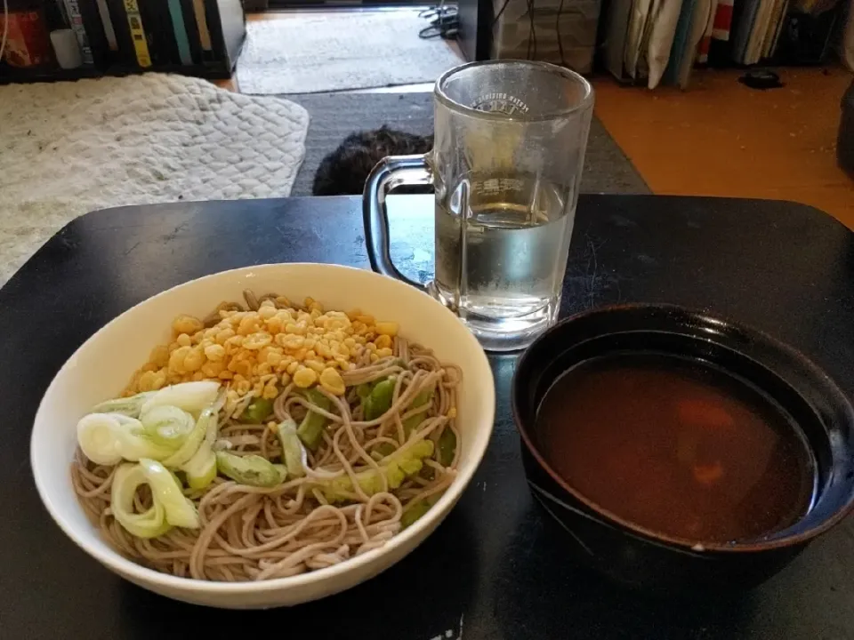 夜勤明け冷やしたぬき蕎麦（蕎麦粉・小麦粉ブレンド）
ゴーヤも入り
つけ汁は鶏胸肉他で出汁をベースに
最初は付けて→和え蕎麦に|Tarou  Masayukiさん