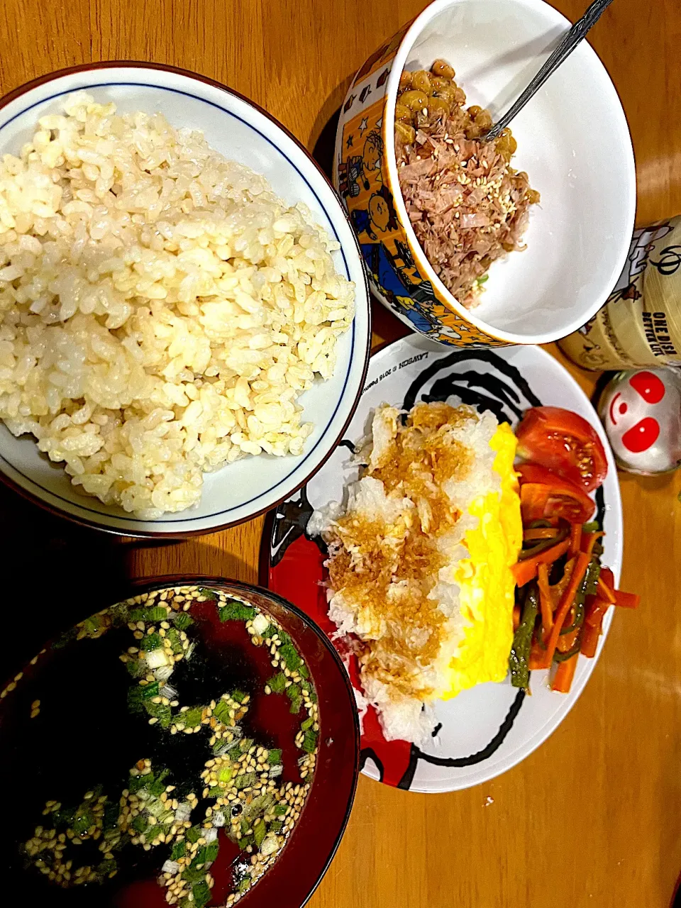 #夕飯　ロウカット玄米ご飯、おかかオクラしそ胡麻納豆、大根おろし玉子焼き、人参ピーマンきんぴら、トマト、わかめスープ|ms903さん